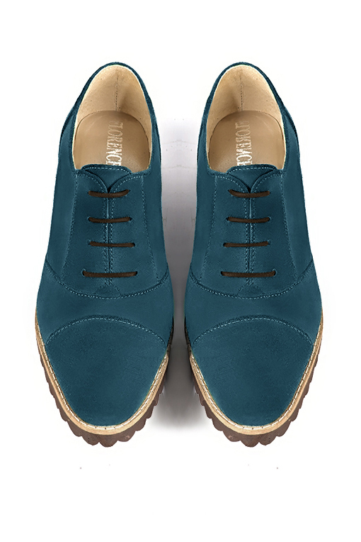 Peacock blue women's casual lace-up shoes. Round toe. Flat rubber soles. Top view - Florence KOOIJMAN